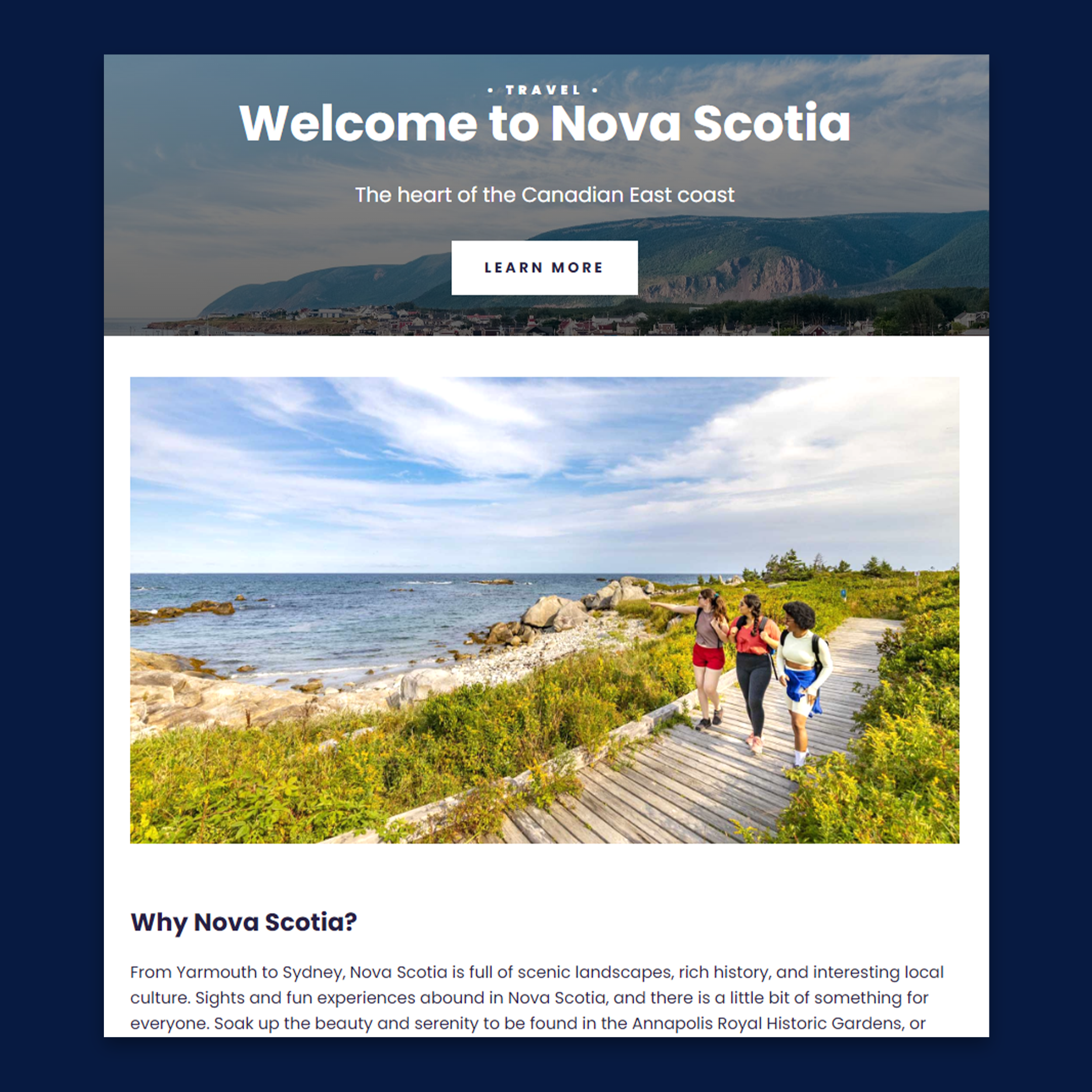 Responsive travel website for Nova Scotia built using HTML and CSS